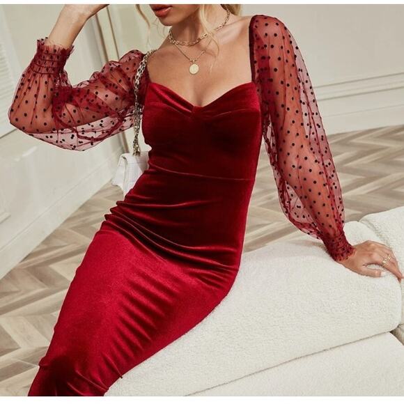 Shein Sweetheart Neck Contrast Dobby Mesh Lantern Sleeve Velvet Dress Medium - Picture 1 of 6